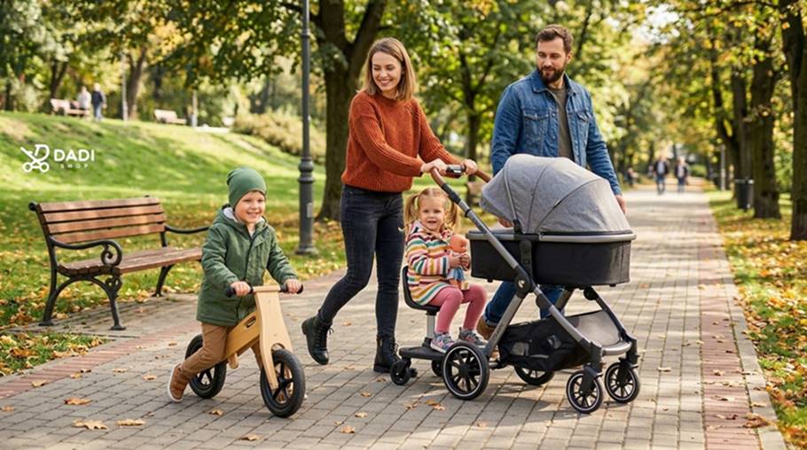 Aktywny spacer rodziny w parku. Starsze dzieci korzystają z alternatyw dla wózka: dostawki z siedziskiem i rowerka biegowego. 